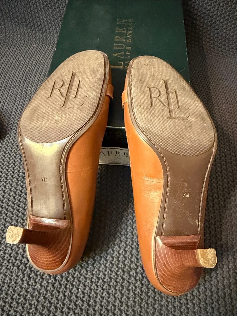Polo by Ralph Lauren Cognac Leather Heeled Pumps with Gold Buckle